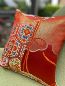 Silk Pillow Cover with Gold and Orange Woven Pattern