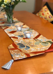 Table Runner Paulownia and tortoise pattern / gold thread / woven textile Obi