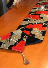 Load image into Gallery viewer, Table Runner Black-base paulownia flower / classical pattern (woven textile Obi)
