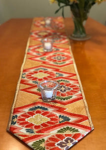 Table Runner Matsukawabishi pattern with  flowers (woven textile Obi)