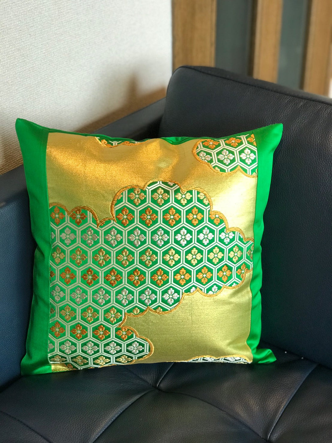 Decorative Green and Gold Pillow cover with Kikko-tsunagi pattern